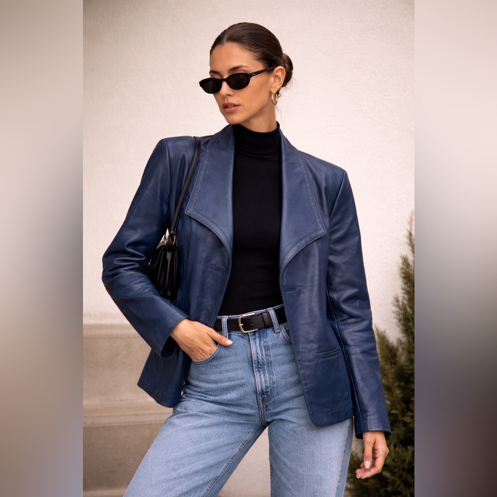 90s Slate Blue Genuine Leather Blazer | Vintage Deep Navy Power Jacket Size 8